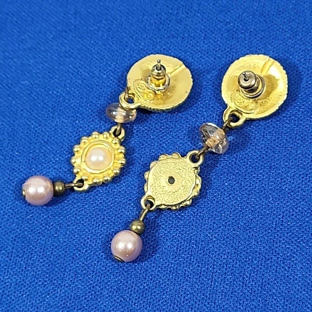 Vintage Gold-Tone Faux Pearl Earring Beaded Ornate Drop‎ Pierced